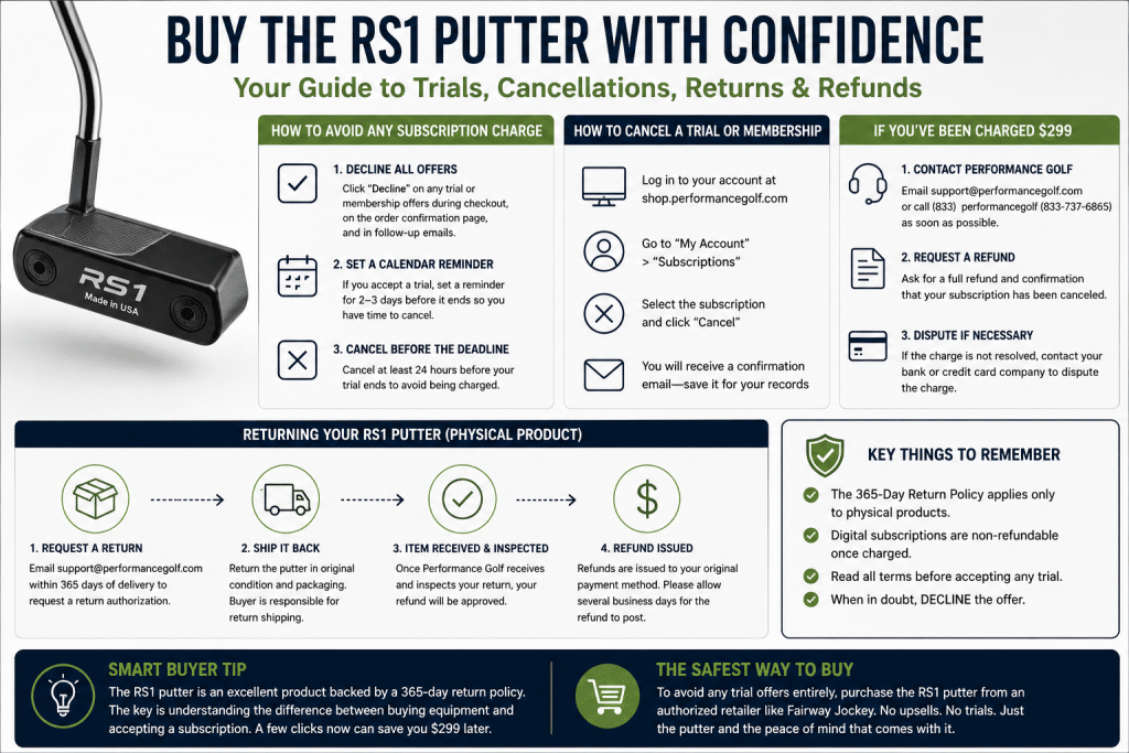 Infographic for an RS1 putter buyer protection guide, showing how to avoid subscription charges, cancel a Performance Golf trial or membership, request a refund after a $299 charge, and understand the separate return process for the physical RS1 putter.