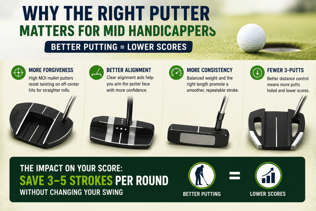 Infographic explaining why the right putter matters for mid handicappers, showing high-MOI mallet putters, alignment aids, balanced putter designs, distance control benefits, fewer three-putts, and how better putting can help golfers save 3–5 strokes per round without changing their swing.