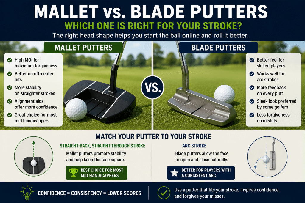 Infographic comparing mallet vs blade putters for mid handicappers, showing how mallet putters provide higher MOI, more forgiveness, better alignment, and stability for straight-back straight-through strokes, while blade putters offer more feel and feedback for golfers with a consistent arc putting stroke.