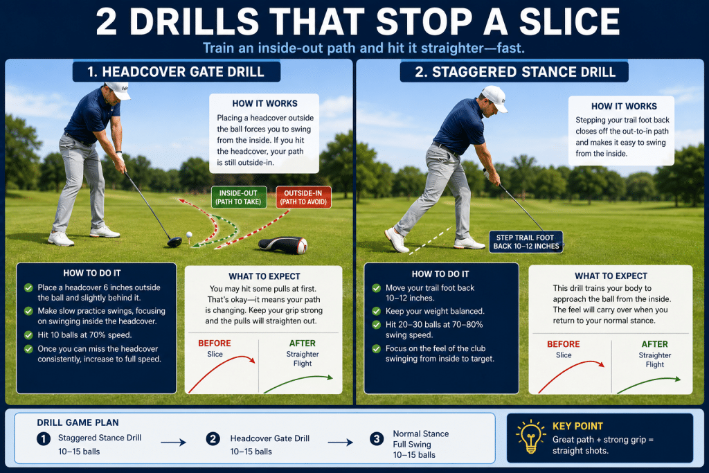 Instructional infographic showing two golf drills to stop a slice: the Headcover Gate Drill and the Staggered Stance Drill, with step-by-step setup tips, inside-out swing path visuals, before-and-after ball flight examples, and a practice plan for hitting straighter drives.