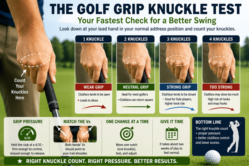 Instructional infographic for the golf grip knuckle test, showing how to count visible knuckles on the lead hand and compare one, two, three, and four-knuckle grips, with guidance on weak grip slices, neutral grip balance, strong grip hook risk, proper grip pressure, matching both hand “V” positions, and making one grip adjustment at a time