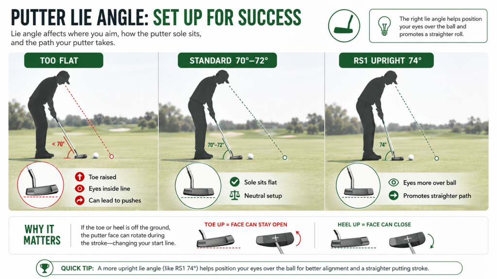 Putter lie angle setup infographic showing too-flat, standard 70–72 degree, and RS1 upright 74-degree putter lie angles, explaining how lie angle affects eye position, putter sole contact, face control, stroke path, pushes, pulls, and putting alignment.
