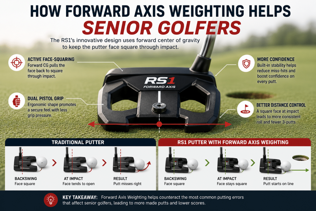 Infographic showing how Forward Axis Weighting helps senior golfers with the RS1 putter, including active face-squaring, Dual Pistol grip comfort, improved confidence, better distance control, and a comparison between a traditional putter face opening at impact versus the RS1 staying square through impact.