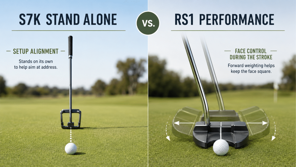 S7K vs RS1 putter comparison image showing the S7K Stand Alone putter helping golfers with setup alignment at address, while the RS1 putter uses forward weighting to support face control during the stroke, helping golfers compare self-standing alignment technology against in-stroke face-squaring performance