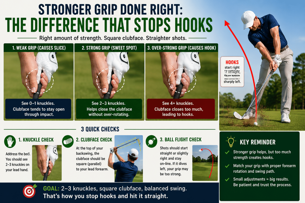 Infographic explaining how to stop hooks caused by an overly strong golf grip, showing the difference between a weak grip, a proper strong grip, and an over-strong grip, with visual checks for knuckle count, clubface position, ball flight, forearm rotation, and the goal of using two to three knuckles for a square clubface and straighter shots