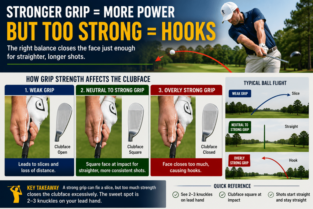 Infographic explaining how golf grip strength affects the clubface and ball flight, showing weak grip leading to an open clubface and slices, neutral-to-strong grip creating a square clubface for straighter shots, and an overly strong grip closing the clubface too much and causing hooks, with quick-reference tips for seeing two to three knuckles and keeping shots online