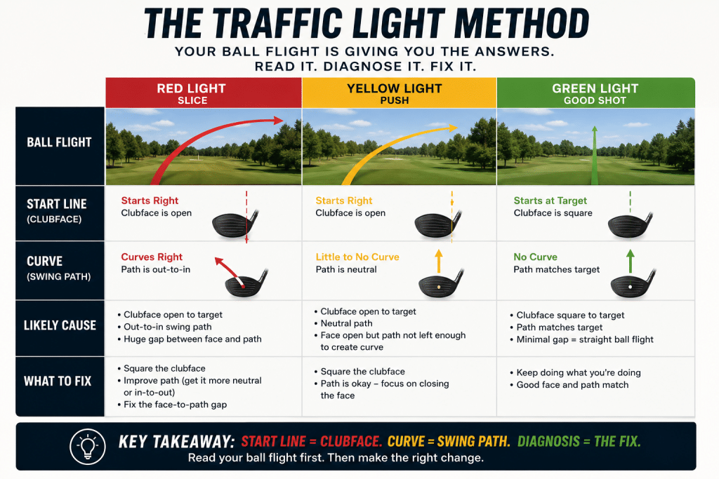 Traffic Light Method golf infographic showing how to diagnose a slice by reading ball flight, with red light, yellow light, and green light examples that compare start line, clubface angle, curve direction, swing path, likely cause, and the correct fix for each shot pattern