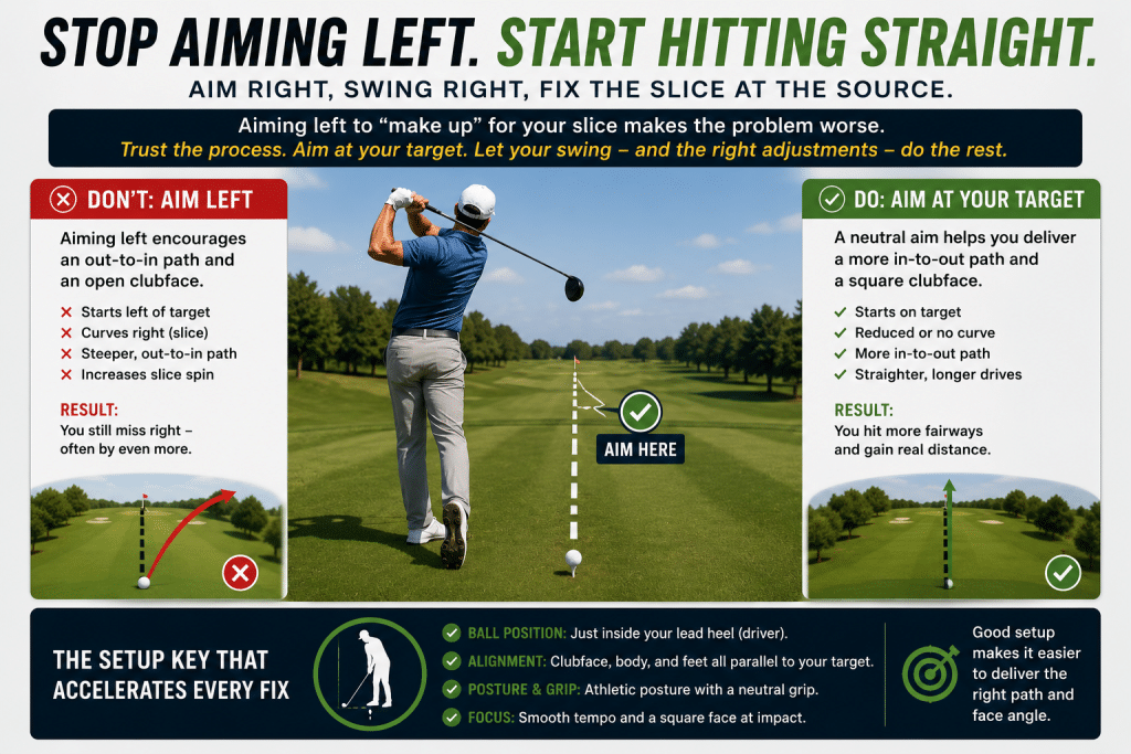 Golf slice correction infographic showing why aiming left makes a slice worse, with a golfer hitting a driver, side-by-side “don’t aim left” and “aim at your target” examples, ball-flight path visuals, and setup reminders for alignment, ball position, posture, grip, smooth tempo, and a square clubface.