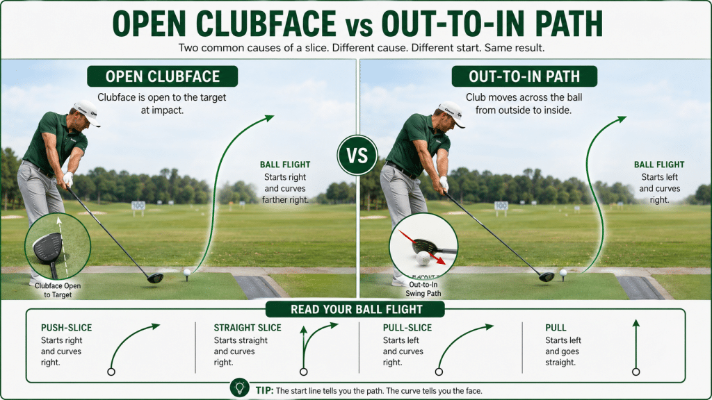 Infographic comparing an open clubface versus an out-to-in swing path as two common causes of a golf slice, showing how each issue changes ball flight, start direction, curve, push-slice, straight slice, pull-slice, and pull patterns so golfers can diagnose the correct slice fix.