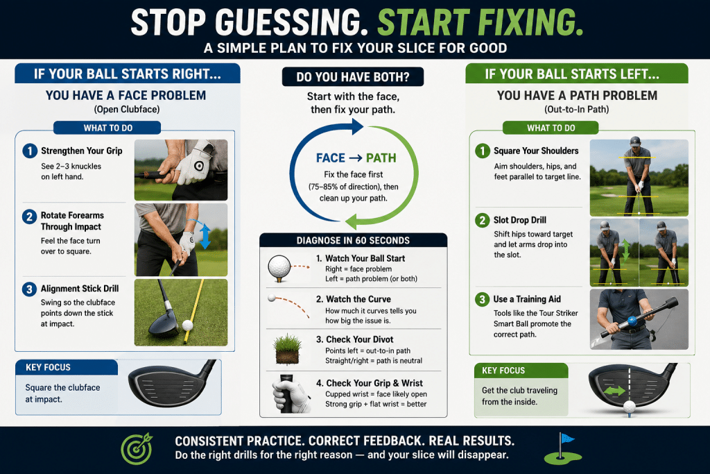 Infographic comparing an open clubface versus an out-to-in swing path as two common causes of a golf slice, showing how each issue changes ball flight, start direction, curve, push-slice, straight slice, pull-slice, and pull patterns so golfers can diagnose the correct slice fix.