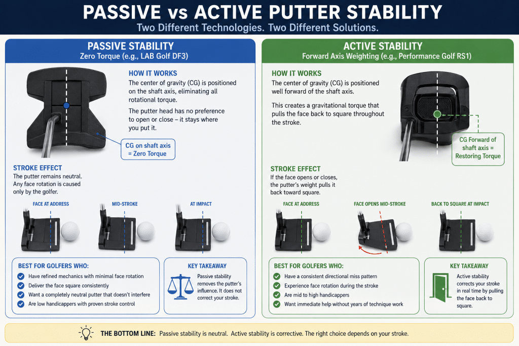 Infographic comparing passive versus active putter stability, showing how passive zero-torque technology keeps the putter neutral by aligning the center of gravity with the shaft axis, while active Forward Axis Weighting places the center of gravity forward to create restoring torque that helps pull the putter face back to square during the stroke.