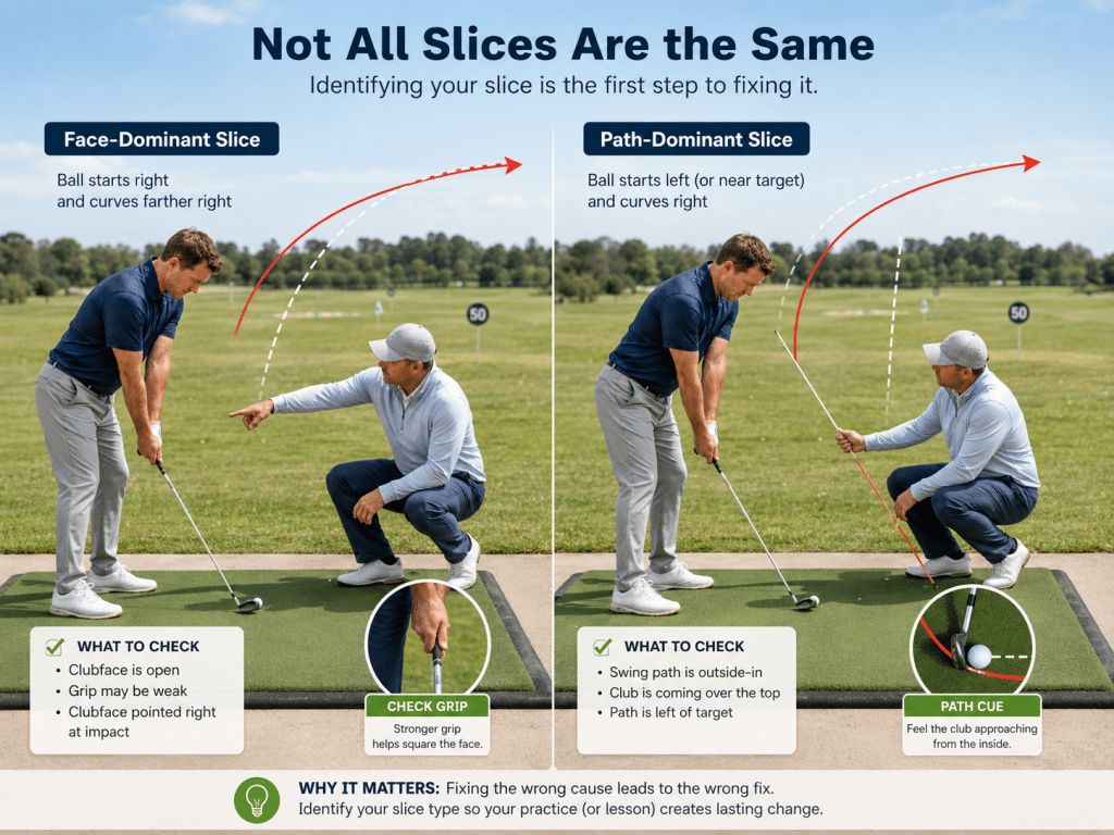 Infographic explaining why not all golf slices are the same, comparing a face-dominant slice where the ball starts right and curves farther right with a path-dominant slice where the ball starts left or near target and curves right, showing a golf instructor helping a player identify whether the fix should focus on grip, clubface control, swing path, or coming over the top.