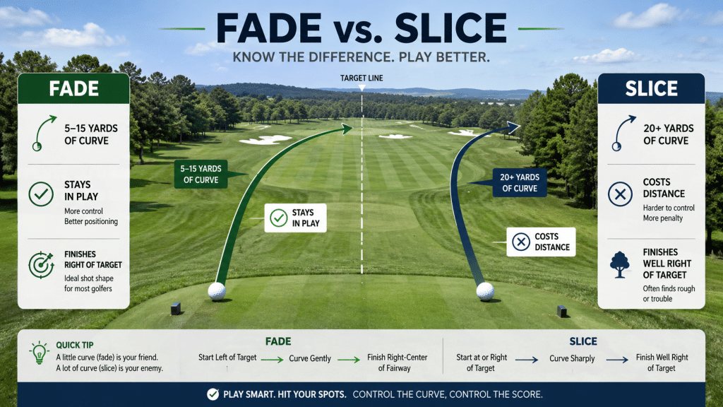 Infographic comparing a playable golf fade versus a slice, showing two driver ball-flight paths on a fairway: a controlled 5–15 yard fade that starts left of the target, curves gently back, and stays in play, versus a 20+ yard slice that curves sharply right, loses distance, and finishes in the rough or trouble.
