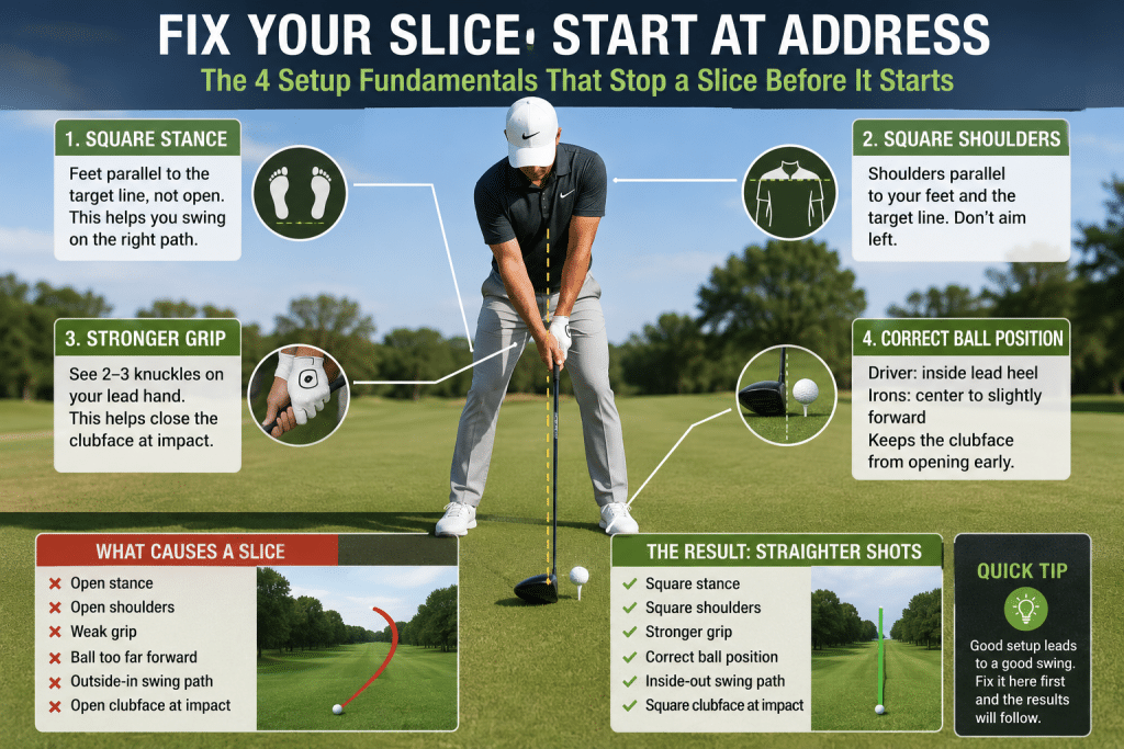Instructional golf slice correction infographic showing a golfer at address with four setup fundamentals to stop a slice before it starts: square stance, square shoulders, stronger two-to-three-knuckle grip, and correct ball position, plus visual examples of slice-causing setup mistakes versus straighter shot results.