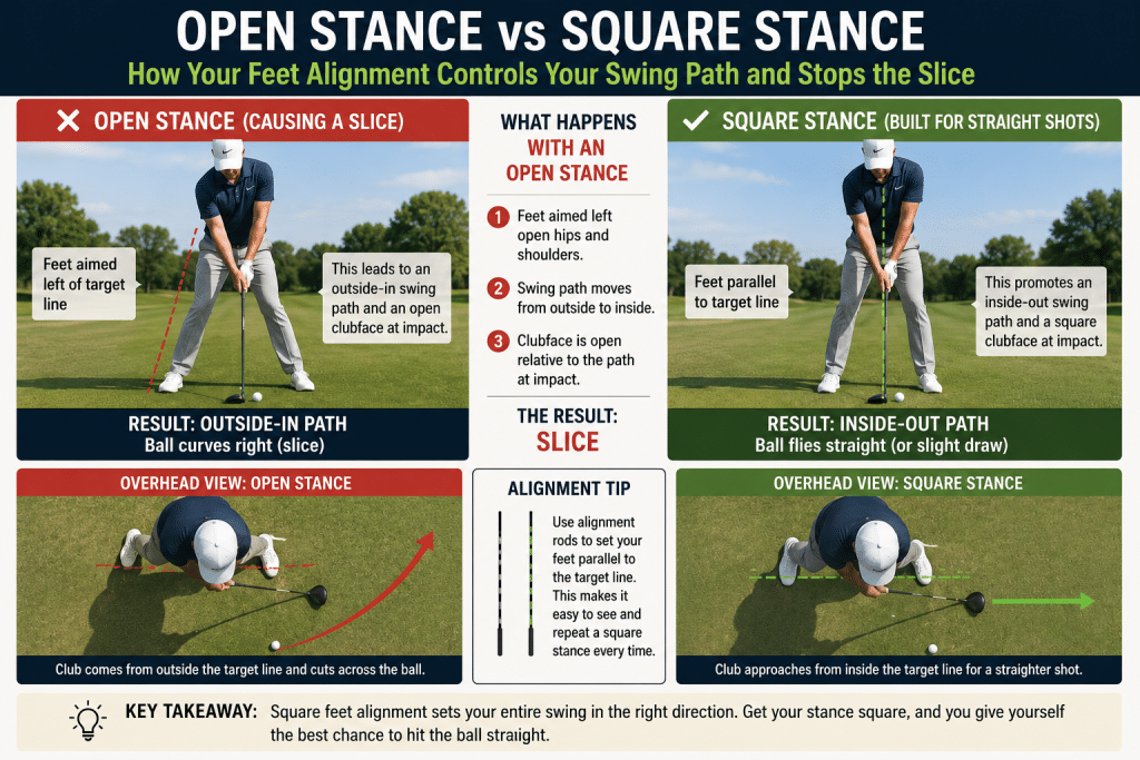 Instructional golf infographic comparing an open stance versus a square stance, showing how poor feet alignment can create an outside-in swing path and slice, while square feet, parallel alignment rods, and proper setup help promote an inside-out swing path, square clubface, straighter ball flight, and better driver accuracy.