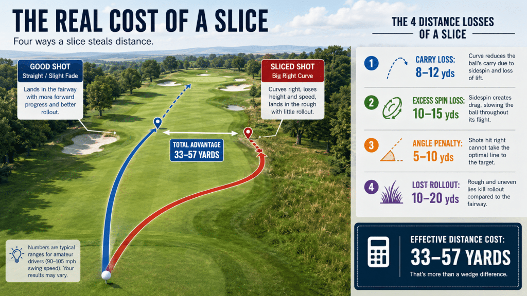 Infographic explaining the real distance cost of a golf slice, showing a straight or slight-fade drive compared with a sliced drive into the right rough, with four distance losses: carry loss, excess spin loss, angle penalty, and lost rollout, adding up to an estimated 33–57 yards of effective distance lost for amateur golfers.