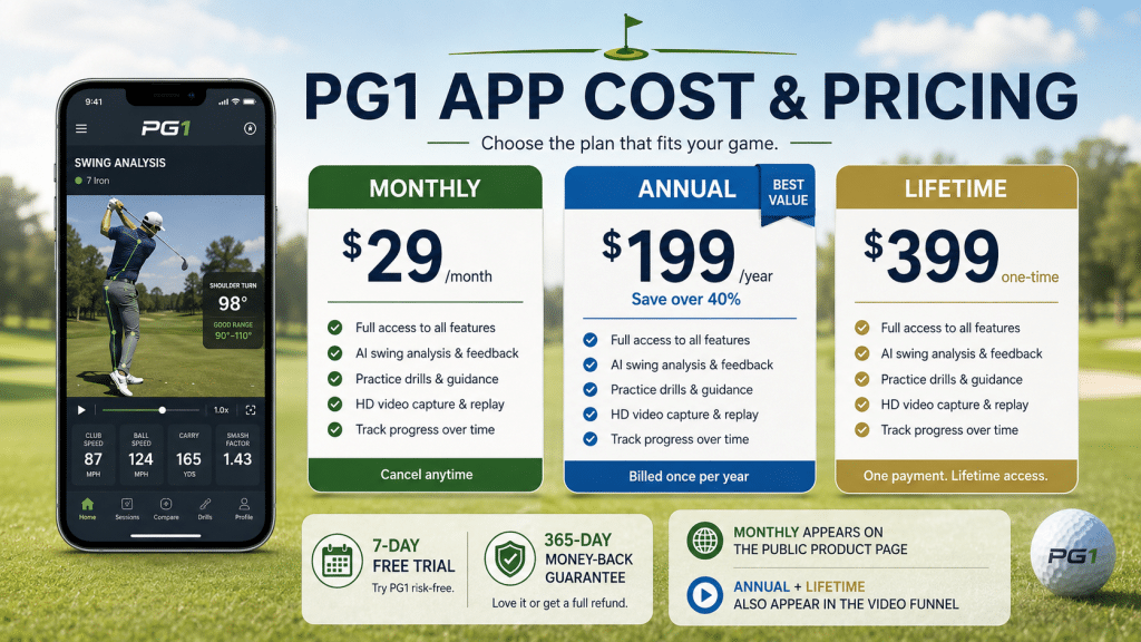 Infographic explaining PG1 app pricing, showing the three plan options of $29 per month, $199 per year, and $399 lifetime access, along with a phone displaying swing analysis features, 7-day free trial, 365-day money-back guarantee, and notes that the monthly option appears on the public product page while annual and lifetime options also appear in the video funnel.