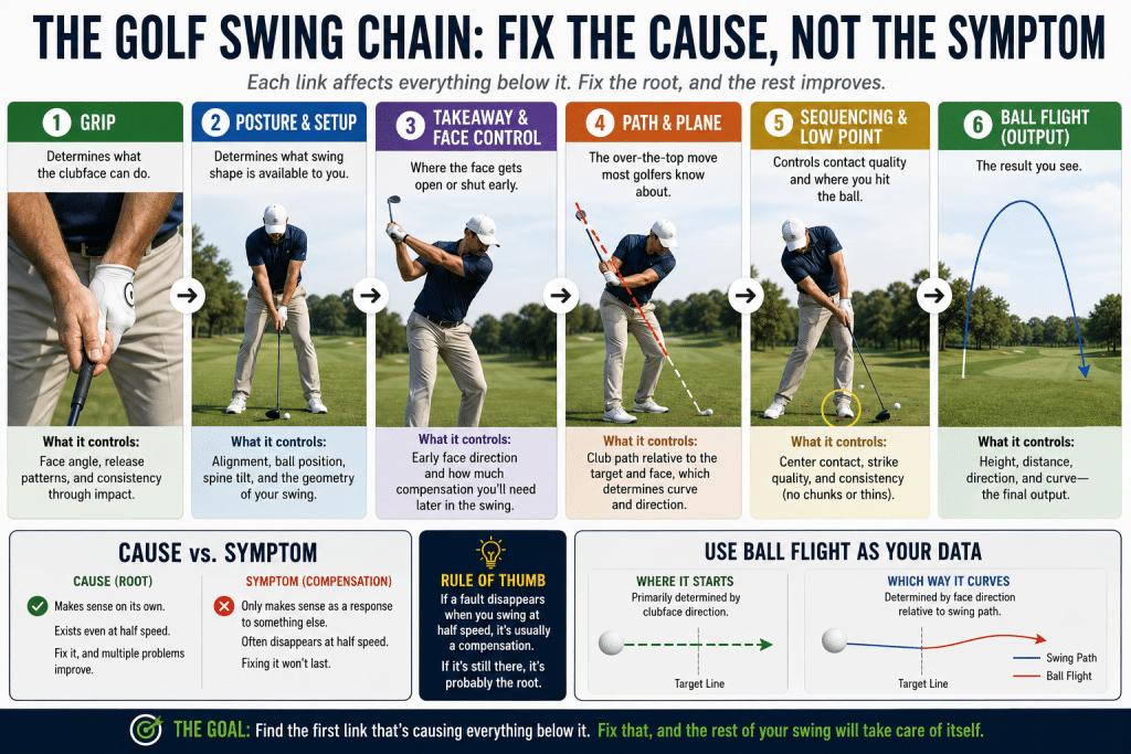 Infographic explaining the golf swing chain and root swing flaw concept, showing six linked stages of the swing: grip, posture and setup, takeaway and face control, path and plane, sequencing and low point, and ball flight. The image explains how each stage affects the next, why golfers should fix the first faulty link instead of treating symptoms, and how half-speed swings and ball flight can help identify the true root