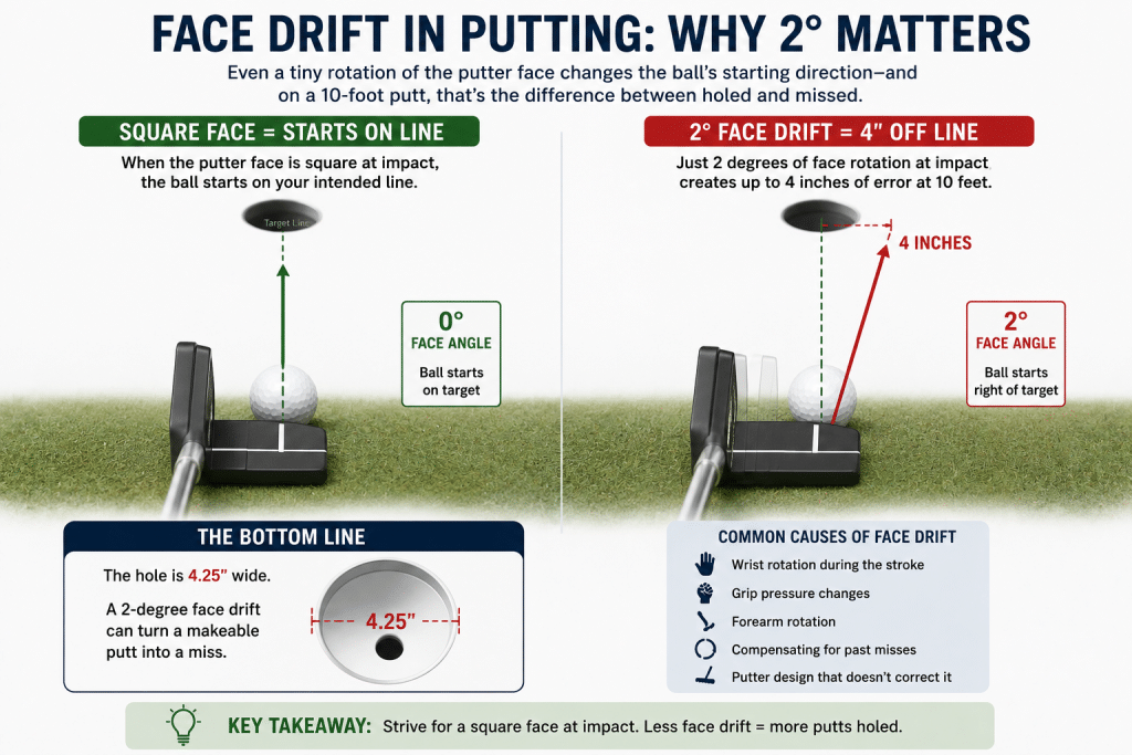 Infographic explaining face drift in putting, showing how a square putter face starts the ball on line while a 2-degree face drift can send a 10-foot putt about 4 inches off target, with common causes including wrist rotation, grip pressure changes, forearm rotation, stroke compensation, and putter design.