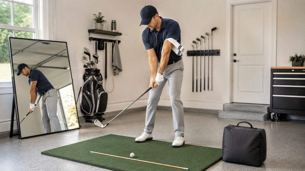 Inside article image showing a golfer practicing slice-fix drills at home in a garage, using a mirror, towel-under-trail-arm drill, alignment stick, hitting mat, and impact bag setup to rehearse grip, shoulder alignment, ball position, connection, and swing path without going to the driving range.
