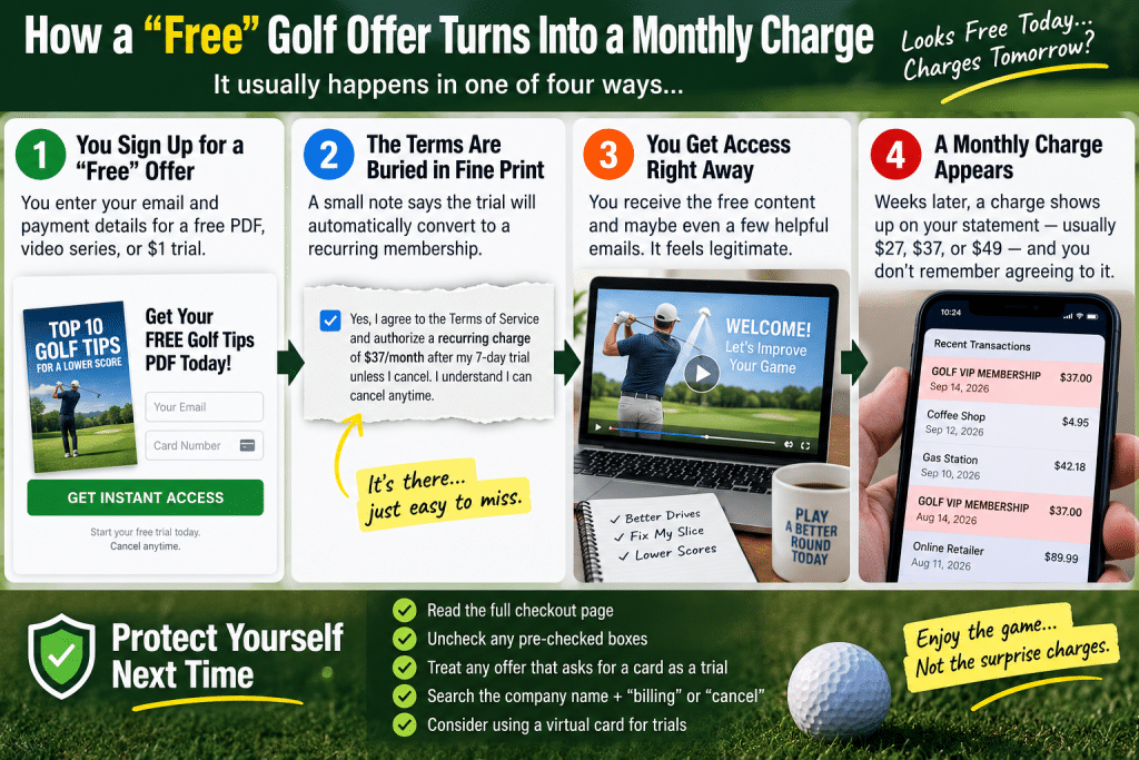 Infographic explaining how a free golf tips PDF, video series, or low-cost trial can turn into a recurring monthly charge, showing the four-step process from signing up with payment details, missing buried trial terms, receiving instant access, and later seeing unexpected $27, $37, or $49 golf membership charges on a credit card statement, with tips to avoid future golf subscription traps.