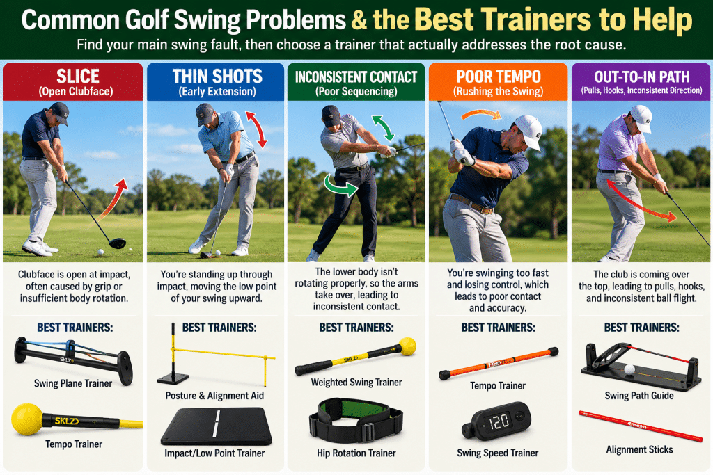 Infographic for a golf swing trainer buying guide, showing common golf swing problems such as a slice, thin shots, inconsistent contact, poor tempo, and an out-to-in swing path, with matching trainer suggestions like alignment sticks, swing plane guides, tempo trainers, posture aids, and weighted swing trainers to help golfers choose a training aid based on their actual swing fault.