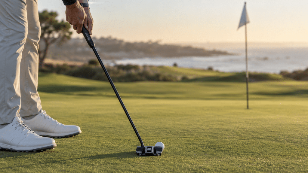Golfer putting with a LAB Golf DF3-style zero-torque mallet putter on a smooth practice green at sunset, showing the putter behind the ball near the hole to support a 2026 LAB Golf DF3 review about Lie Angle Balancing, passive putter stability, face control, premium feel, and whether the DF3 is worth the price for golfers who want better consistency on short putts.