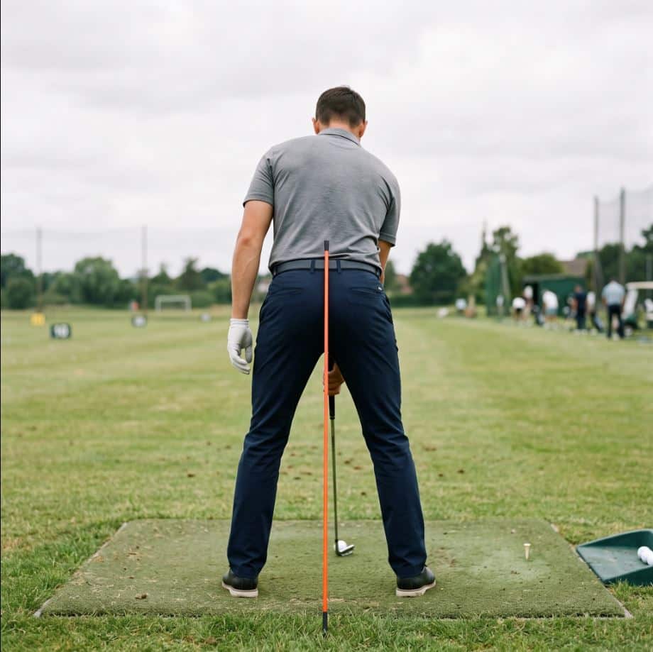 Golfer at address seen from behind, with a vertical alignment stick planted against his backside to check posture during the swing