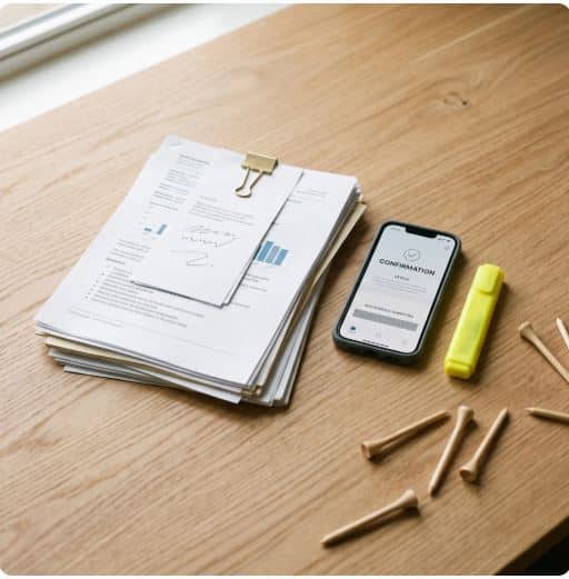 Organized stack of receipts and emails prepared as evidence for a credit card chargeback