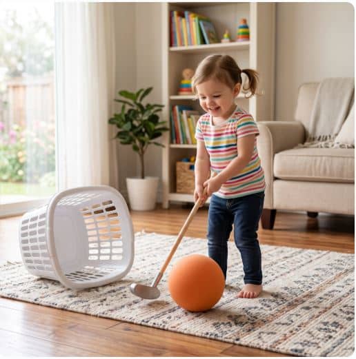 Two-year-old pushing a foam ball toward a laundry basket with a toddler putter indoors