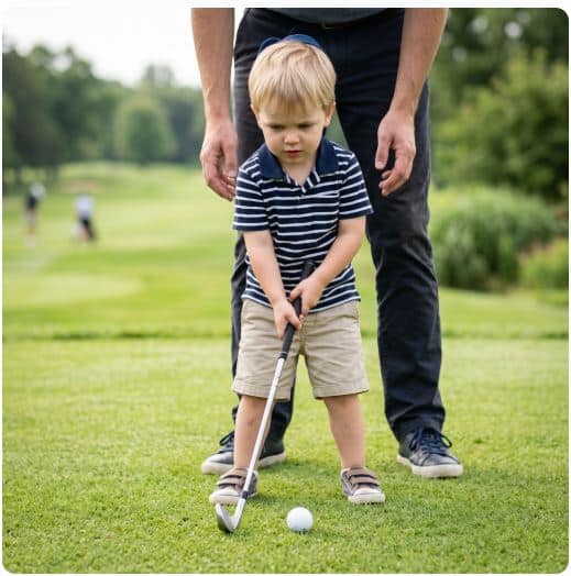 Three-year-old holding a small golf club with both hands, standing steady over a ball