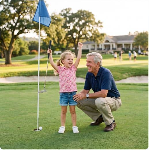 Grandfather and five-year-old grandchild laughing together on a putting green