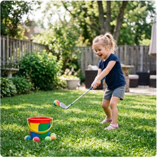 Four-year-old hitting a foam golf ball toward a bucket target in a backyard game